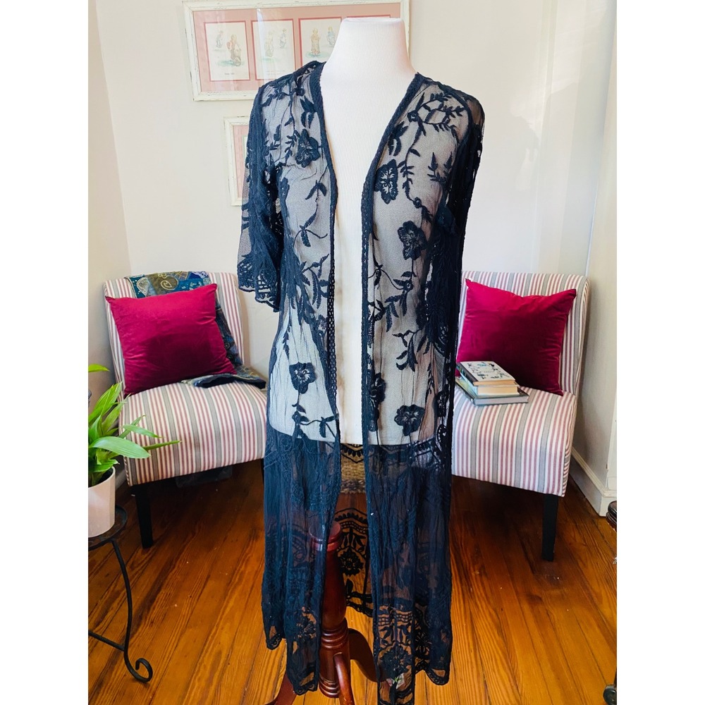 Ember Swim cover up Black Floral Embroidered Mesh Duster Kimono Sheer Lace Med